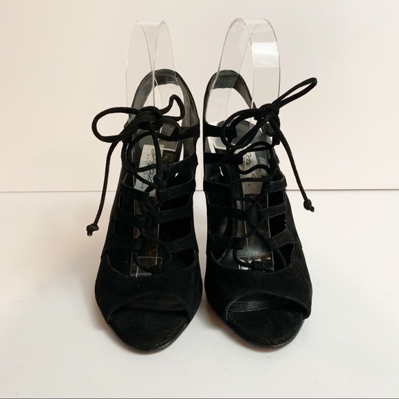 David Dixon Black Velvet Tie Up Front Cage Heel Women’s Size 7 - Picture 5 of 13